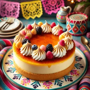 Crème Brûlée MonChoutaart met een goudbruine gekarameliseerde suikertopping, een romige vulling en een kandijkoekjesbodem. Gegarneerd met verse frambozen, bramen en meringuetoefjes, gepresenteerd in een vrolijke Mexicaanse setting met kleurrijke decoraties en een uitnodigende uitstraling. 🍓✨