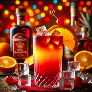 'Dutch Love'-cocktail geserveerd in een hoog glas, met rode wodka, Passoa, Amaretto, rum, sinaasappelsap en ijsblokjes, met een kleurrijke overgang van rood naar oranje, gegarneerd met een sinaasappelschijf en een kers, in een heldere en feestelijke setting zonder zichtbare flessen.