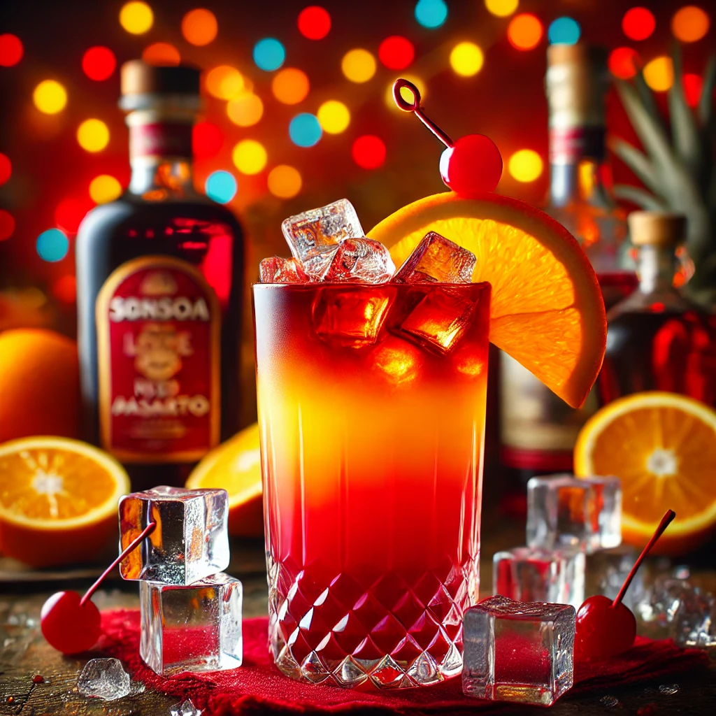 'Dutch Love'-cocktail geserveerd in een hoog glas, met rode wodka, Passoa, Amaretto, rum, sinaasappelsap en ijsblokjes, met een kleurrijke overgang van rood naar oranje, gegarneerd met een sinaasappelschijf en een kers, in een heldere en feestelijke setting zonder zichtbare flessen.
