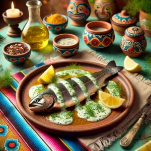 Forel met romige dillesaus, prachtig geserveerd met een witte saus, gegarneerd met verse dille en citroenschijfjes in een kleurrijke Mexicaans geïnspireerde setting. 🌿🍋✨