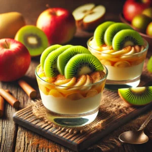 Een uitnodigende presentatie van 'Appelvla met Kiwi', een Nederlands dessert bestaande uit romige vanillevla, gemengd met geraspte appel, een vleugje kaneel en citroensap. Het dessert is elegant gegarneerd met schijfjes verse groene kiwi, geserveerd in glazen schaaltjes op een rustieke houten tafel. Losse appelpartjes en kiwi-schillen liggen speels verspreid rond de schaaltjes, met een warme en sfeervolle achtergrond. Er is geen tekst zichtbaar op de schaaltjes of in de scène.