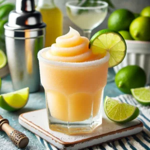 Een levendige en verfrissende frozen daiquiri cocktail geserveerd in een gekoeld glas, gegarneerd met een reepje limoenschil. Het drankje heeft een lichte citruskleur en staat op een zomerse tafel met een casual maar elegante uitstraling. Op de achtergrond zijn een cocktailshaker, verse limoenen en een fles rum te zien, wat een tropische en ontspannen sfeer oproept, perfect voor het genieten van een verkoelende alcoholische cocktail.