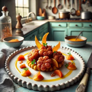 Een verfijnde presentatie van Beignet de ris de veau (gefrituurde zwezerik), geserveerd op een wit gourmetbord. Het gerecht bestaat uit goudbruin gefrituurde zwezerik op een bedje van gekarameliseerde sjalottencompote, gegarneerd met een plakje gekonfijte gember en een takje kervel. De saus van wortel en appel met gember is kunstig rond het gerecht gedrapeerd. De achtergrond toont een gezellige Franse keuken met pastelgroene en blauwe kastjes en zacht natuurlijk licht dat door een raam naar binnen valt.
