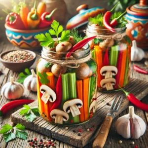 Gekruide champignons in glazen potten, gevuld met kleurrijke lagen champignons, worteltjes, bleekselderij, rode pepers en verse dille, gepresenteerd in een vrolijke setting met rustieke accenten. 🌶️🍄✨