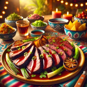 Gerookte entrecote, geserveerd in plakjes met een rijke glazuur van teriyakisaus, gegarneerd met gegrilde lente-uitjes en verse kruiden. Gepresenteerd in een kleurrijke Mexicaanse setting met een warme en uitnodigende uitstraling. 🍖🌿