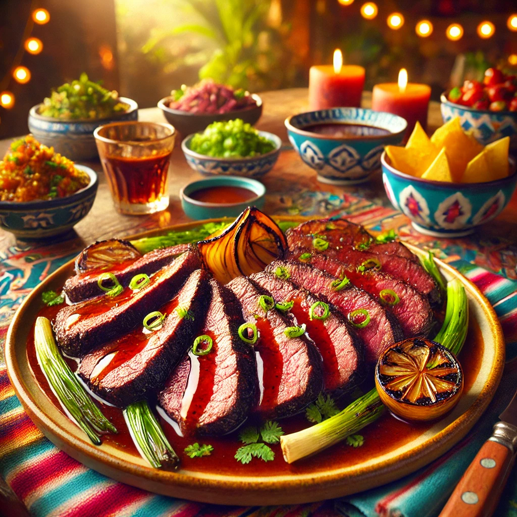 Gerookte entrecote, geserveerd in plakjes met een rijke glazuur van teriyakisaus, gegarneerd met gegrilde lente-uitjes en verse kruiden. Gepresenteerd in een kleurrijke Mexicaanse setting met een warme en uitnodigende uitstraling. 🍖🌿