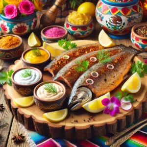 Een kleurrijke, Mexicaans-stijl presentatie van zelfgerookte forel met drie heerlijke sauzen. De gerookte forelfilets liggen elegant gerangschikt op een rustieke houten plank, vergezeld van drie kleine schaaltjes met sauzen: een romige witte dillesaus, een heldergele citroensaus, en een zachte witte mierikswortelsaus. De schotel is gegarneerd met citroenpartjes, verse kruiden en kleurrijke eetbare bloemen, tegen een feestelijke Mexicaanse achtergrond zonder zichtbare tekst of labels.