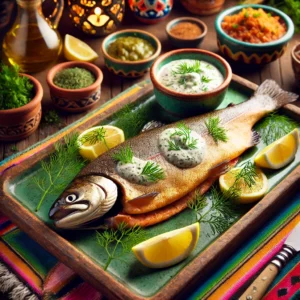 Gerookte forel met dillesaus, geserveerd met een romige saus, verse dille en citroenpartjes. Gepresenteerd in een kleurrijke Mexicaanse setting met een warme, uitnodigende uitstraling. 🌿🍋✨