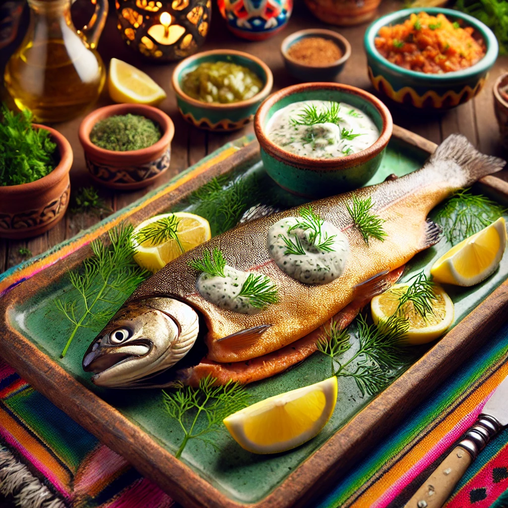 Gerookte forel met dillesaus, geserveerd met een romige saus, verse dille en citroenpartjes. Gepresenteerd in een kleurrijke Mexicaanse setting met een warme, uitnodigende uitstraling. 🌿🍋✨