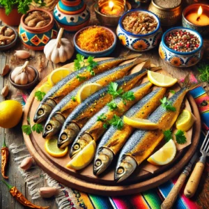 Gerookte gemarineerde haring, met een goudbruine rokerige afwerking, gegarneerd met citroenpartjes, verse kruiden en een vleugje olijfolie. Gepresenteerd in een kleurrijke Mexicaanse setting met een warme en feestelijke uitstraling. 🌿🐟🍋✨