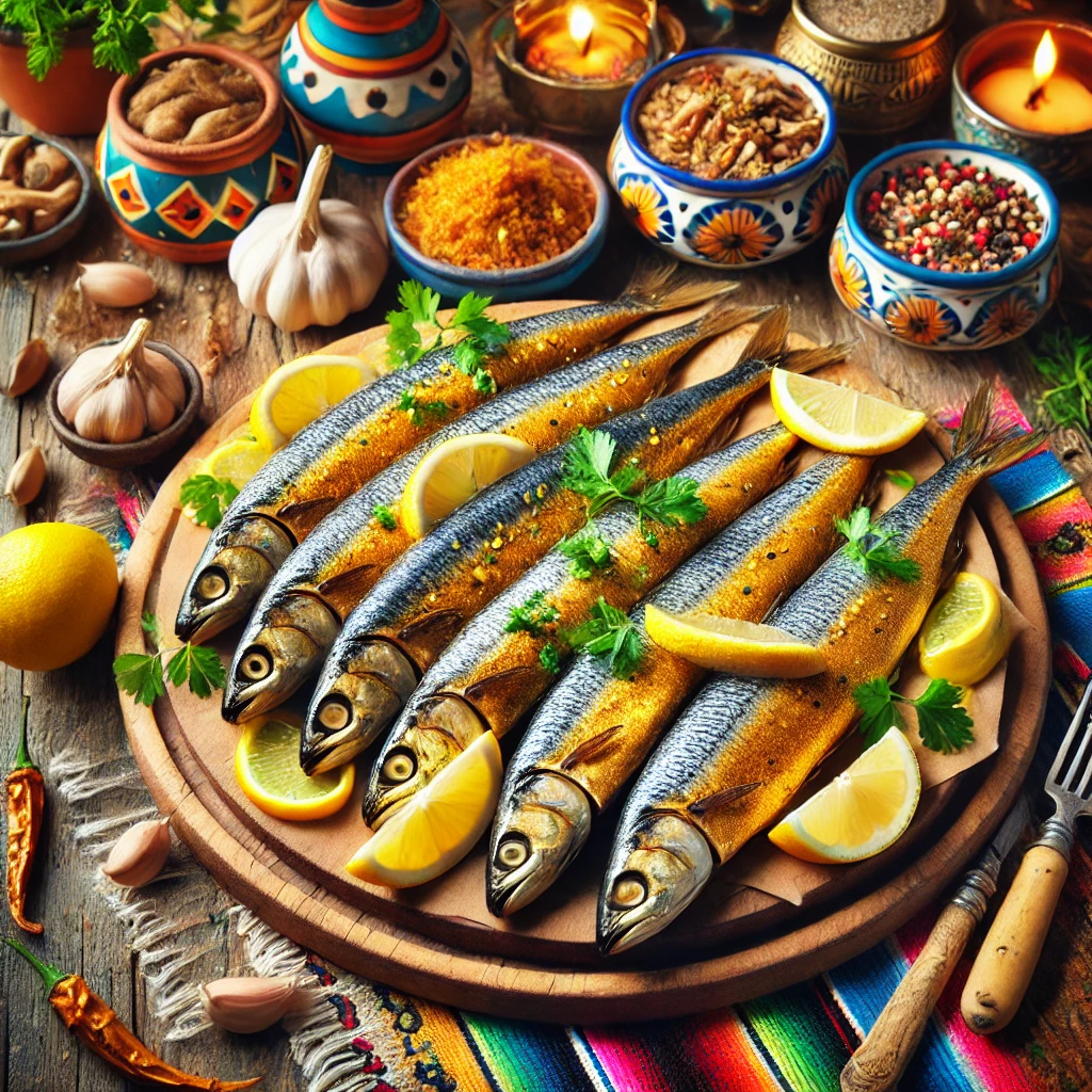 Gerookte gemarineerde haring, met een goudbruine rokerige afwerking, gegarneerd met citroenpartjes, verse kruiden en een vleugje olijfolie. Gepresenteerd in een kleurrijke Mexicaanse setting met een warme en feestelijke uitstraling. 🌿🐟🍋✨