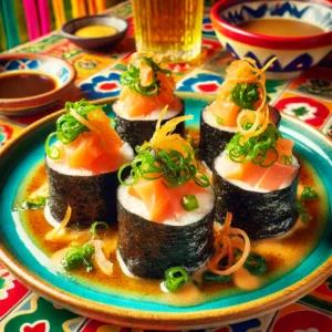 Een close-up van Gevulde Visrolletjes, gevuld met zalm en omwikkeld met norivellen, gegarneerd met botergebakken zeekraal en een saus eromheen. De kleurrijke Mexicaanse setting benadrukt de texturen en feestelijke presentatie van het gerecht. 🎏✨