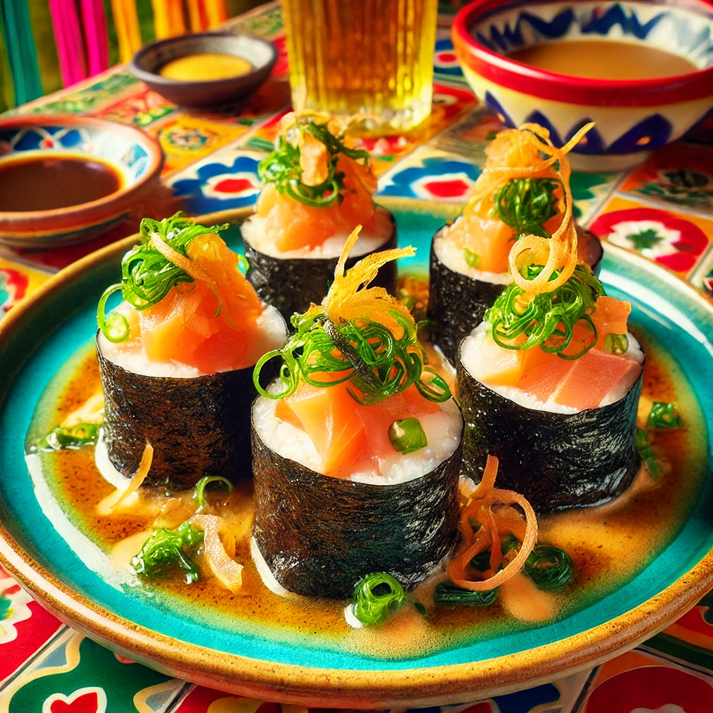 Een close-up van Gevulde Visrolletjes, gevuld met zalm en omwikkeld met norivellen, gegarneerd met botergebakken zeekraal en een saus eromheen. De kleurrijke Mexicaanse setting benadrukt de texturen en feestelijke presentatie van het gerecht. 🎏✨