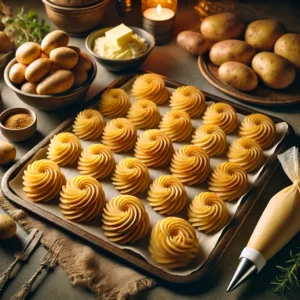 Een warme en uitnodigende keuken met prachtig opgespoten aardappelrozetten, goudbruin en knapperig, vers uit de oven. De rozetten zijn elegant gerangschikt op een bakplaat, met een spuitzak, verse aardappelen, en kleine schaaltjes boter en specerijen zoals nootmuskaat op de achtergrond. De keuken straalt een huiselijke sfeer uit met warm licht en subtiele rustieke decoratie, ideaal voor een troostrijke kookervaring.