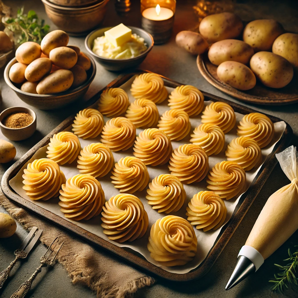 Een warme en uitnodigende keuken met prachtig opgespoten aardappelrozetten, goudbruin en knapperig, vers uit de oven. De rozetten zijn elegant gerangschikt op een bakplaat, met een spuitzak, verse aardappelen, en kleine schaaltjes boter en specerijen zoals nootmuskaat op de achtergrond. De keuken straalt een huiselijke sfeer uit met warm licht en subtiele rustieke decoratie, ideaal voor een troostrijke kookervaring.