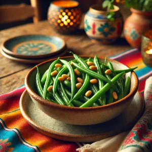 Een eenvoudig en elegant bijgerecht van haricots verts met geroosterde pijnboompitten, geserveerd in een rustieke keramische schaal. De groene boontjes zijn licht geglazuurd met boter, gegarneerd met goudbruine pijnboompitten en netjes gerangschikt. De setting is levendig en warm, met kleurrijke textielen geïnspireerd op Mexicaans decor, zachte verlichting en een gezellige houten tafel, wat zorgt voor een heerlijke eetervaring.
