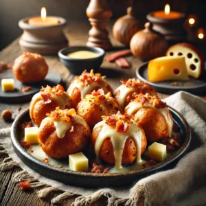 en smaakvolle presentatie van hartige oliebollen met kaas en spek, goudbruin gebakken en knapperig aan de buitenkant. De oliebollen bevatten zichtbare stukjes gesmolten kaas en knapperige spekreepjes. Ze zijn aantrekkelijk gerangschikt op een rustieke houten tafel, omringd door blokjes kaas en spekjes. De setting straalt warmte uit met sfeervolle verlichting en subtiele decoratieve accenten. 🧀🥓✨