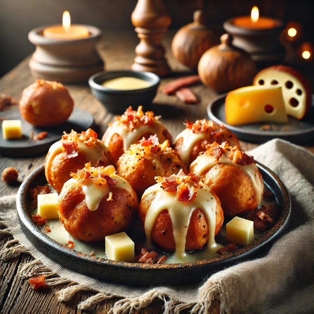 en smaakvolle presentatie van hartige oliebollen met kaas en spek, goudbruin gebakken en knapperig aan de buitenkant. De oliebollen bevatten zichtbare stukjes gesmolten kaas en knapperige spekreepjes. Ze zijn aantrekkelijk gerangschikt op een rustieke houten tafel, omringd door blokjes kaas en spekjes. De setting straalt warmte uit met sfeervolle verlichting en subtiele decoratieve accenten. 🧀🥓✨