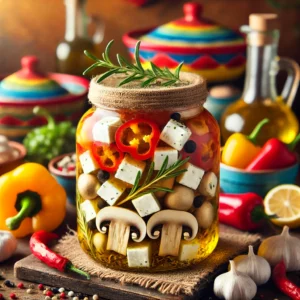 Ingemaakte champignons in een rustieke glazen pot, gevuld met kleine champignons, blokjes feta, rode peper, knoflook en verse kruiden zoals rozemarijn en tijm, ondergedompeld in gouden olijfolie. Gepresenteerd in een kleurrijke Mexicaanse setting met een feestelijke en uitnodigende uitstraling. 🍄🌿✨