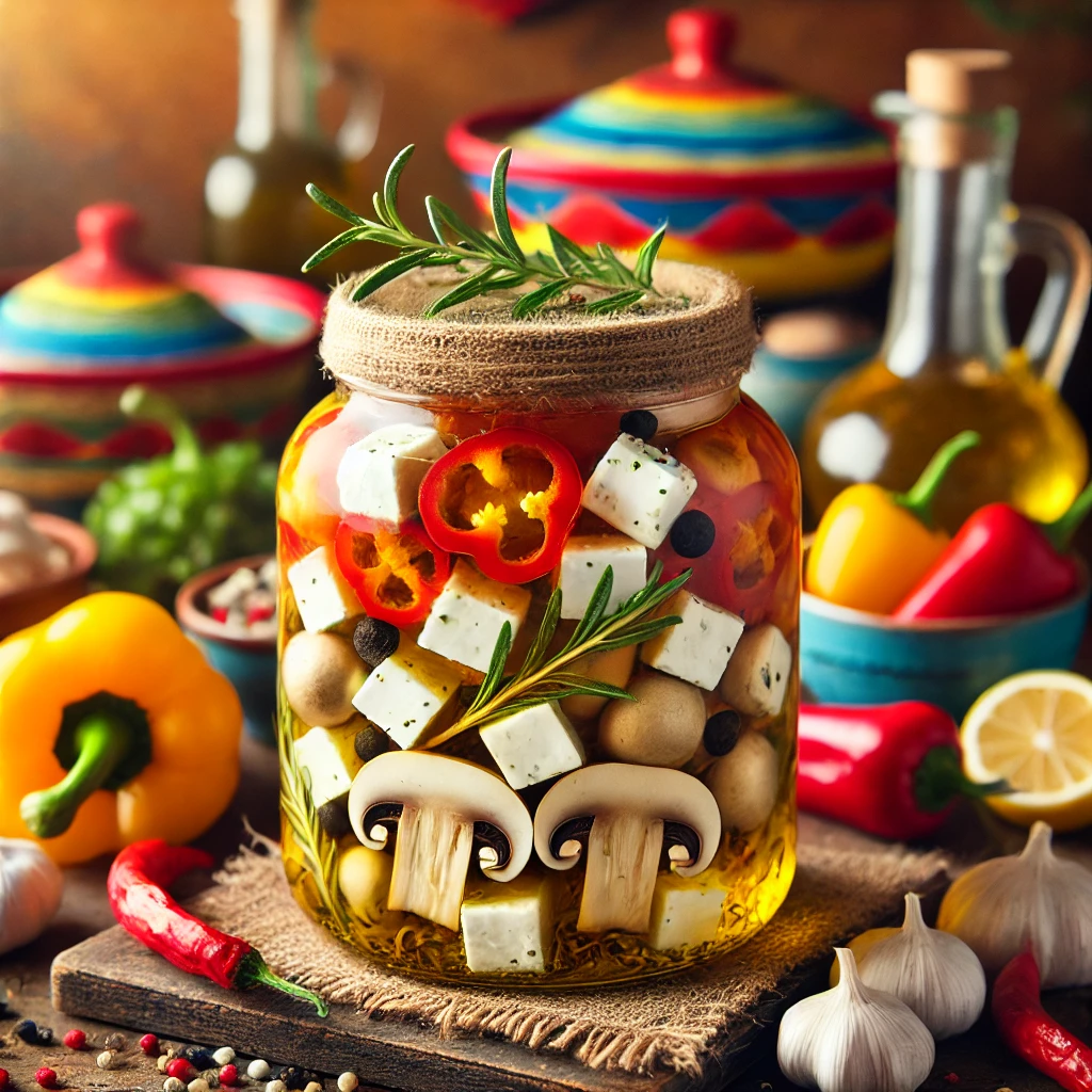 Ingemaakte champignons in een rustieke glazen pot, gevuld met kleine champignons, blokjes feta, rode peper, knoflook en verse kruiden zoals rozemarijn en tijm, ondergedompeld in gouden olijfolie. Gepresenteerd in een kleurrijke Mexicaanse setting met een feestelijke en uitnodigende uitstraling. 🍄🌿✨