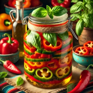 Ingemaakte paprika's met basilicum, geserveerd in een rustieke glazen pot gevuld met dikke plakken rode en groene paprika, verse basilicumblaadjes, ingelegd in azijn en afgedekt met een laagje olijfolie. Gepresenteerd in een kleurrijke Mexicaanse setting met een feestelijke uitstraling. 🌶️🌿✨