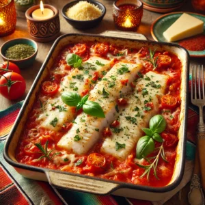 Italiaanse visschotel uit de oven, met zachte witte vis in een rijke tomatensaus, kruidige roomkaas, gesmolten geraspte kaas en verse Italiaanse kruiden zoals basilicum, rozemarijn en oregano. Geserveerd in een kleurrijke Mexicaanse setting met een warme en uitnodigende uitstraling. 🍅🐟✨