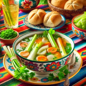 Een kleurrijke Mexicaans-geïnspireerde presentatie van kalfsbouillon met groenten, geserveerd in een feestelijke kom op een kleurrijk tafelkleed. De soep bevat heldere bouillon met fijngesneden groenten zoals selderij, wortels en prei, en is gegarneerd met verse kruiden zoals kervel. De setting bevat Mexicaanse decoraties, verse broodjes aan de zijkant en een vrolijke sfeer, wat zorgt voor een warme en uitnodigende eetervaring.