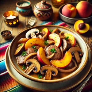 Kippenlevertjes met nectarine, geserveerd met babychampignons, gekarameliseerde ui en een romige Boursin-saus. Het gerecht is prachtig gepresenteerd in een rustieke schaal, gegarneerd met verse kruiden en geplaatst in een kleurrijke Mexicaanse setting met een warme, uitnodigende uitstraling. 🍗🍑✨