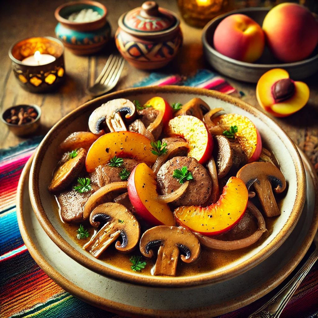 Kippenlevertjes met nectarine, geserveerd met babychampignons, gekarameliseerde ui en een romige Boursin-saus. Het gerecht is prachtig gepresenteerd in een rustieke schaal, gegarneerd met verse kruiden en geplaatst in een kleurrijke Mexicaanse setting met een warme, uitnodigende uitstraling. 🍗🍑✨