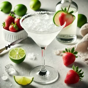 Daiquiri-cocktail geserveerd in een gekoeld martiniglas, met witte rum, schraapijs, vers citroensap en suiker, gegarneerd met een limoenwiel en verse aardbeien, gepresenteerd in een lichte en zomerse sfeer.