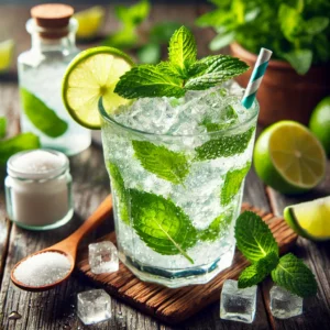 Mojito-cocktail geserveerd in een hoog glas, gevuld met crushed ijs, soda, schijfjes limoen en verse muntblaadjes, gepresenteerd op een rustiek houten oppervlak met een zomerse en levendige sfeer.
