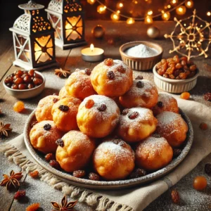 Een sfeervolle presentatie van traditionele Nederlandse oliebollen, goudbruin gebakken en bestrooid met poedersuiker. De oliebollen zijn aantrekkelijk opgestapeld op een rustieke houten tafel, met enkele rozijnen zichtbaar in de deegbollen. De setting bevat warme sfeerverlichting, subtiele decoratieve patronen en poedersuiker die speels over de tafel is gestrooid. 🍩✨