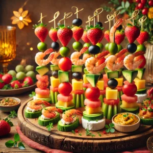 Een kleurrijke en feestelijke presentatie van 'Hapjes aan Cocktailprikker'. Op een rustieke houten plank zijn verschillende combinaties van hapjes geregen aan cocktailprikkers uitgestald, zoals kerstomaat met geitenkaas, avocado met aardbei, meloen met garnaal, jonge kaas met gevulde olijf en mosterdkaas met gemberbolletje. Verse kruiden en subtiele decoratieve elementen omringen de plank, wat zorgt voor een uitnodigende en smaakvolle uitstraling. Er is geen tekst zichtbaar op de hapjes of in de omgeving.
