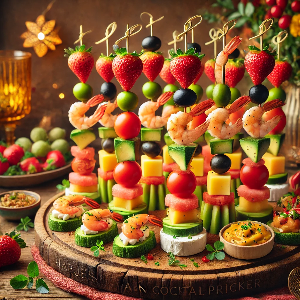 Een kleurrijke en feestelijke presentatie van 'Hapjes aan Cocktailprikker'. Op een rustieke houten plank zijn verschillende combinaties van hapjes geregen aan cocktailprikkers uitgestald, zoals kerstomaat met geitenkaas, avocado met aardbei, meloen met garnaal, jonge kaas met gevulde olijf en mosterdkaas met gemberbolletje. Verse kruiden en subtiele decoratieve elementen omringen de plank, wat zorgt voor een uitnodigende en smaakvolle uitstraling. Er is geen tekst zichtbaar op de hapjes of in de omgeving.
