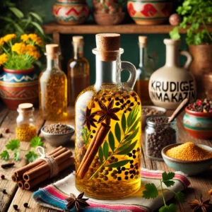 Kruidige inmaakazijn, gepresenteerd in een rustieke glazen fles met een kurkstop, gevuld met gouden azijn en zichtbare kruiden zoals kruidnagels, kaneelstokjes, mosterdzaad, peperkorrels en laurierbladeren. De fles is omringd door verse kruiden en specerijen, geplaatst in een warme, kleurrijke Mexicaanse setting met een ambachtelijke uitstraling. 🌿🍶✨