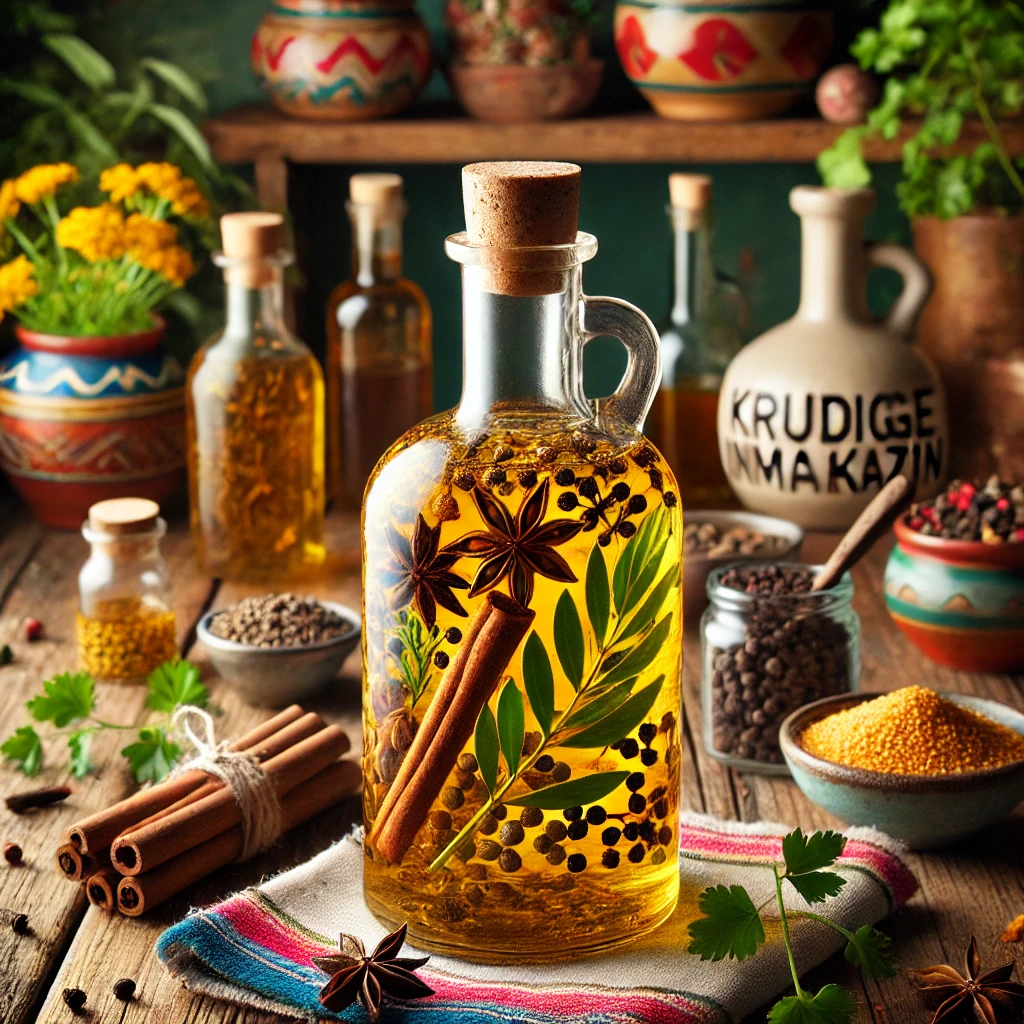 Kruidige inmaakazijn, gepresenteerd in een rustieke glazen fles met een kurkstop, gevuld met gouden azijn en zichtbare kruiden zoals kruidnagels, kaneelstokjes, mosterdzaad, peperkorrels en laurierbladeren. De fles is omringd door verse kruiden en specerijen, geplaatst in een warme, kleurrijke Mexicaanse setting met een ambachtelijke uitstraling. 🌿🍶✨