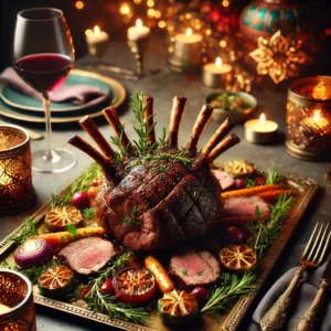 Een elegante en feestelijke presentatie van een geroosterde lamskroon, perfect medium-rare gegaard. De lamskroon is gegarneerd met verse rozemarijn, tijm en salie, en ligt op een decoratieve schaal omringd door geroosterde groenten. De setting is verfijnd en gezellig, met zachte verlichting, kleurrijke accenten geïnspireerd op mediterrane of Mexicaanse esthetiek, en rustieke elementen voor een levendige eetervaring.