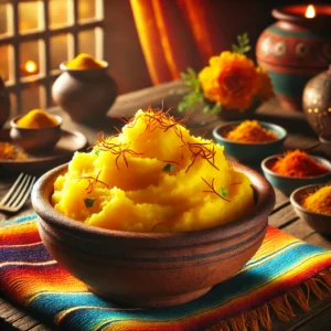 Nederlandse Alt-tekst: Een sfeervolle Mexicaans geïnspireerde presentatie van 'Aardappelpuree met Saffraan'. Een rustieke aardewerken schaal gevuld met romige, goudgele aardappelpuree, subtiel gegarneerd met saffraandraadjes en verse kruiden. De schaal staat op een houten tafel, omringd door kleurrijk Mexicaans tafeltextiel en rustieke accessoires, in een warme en uitnodigende setting.