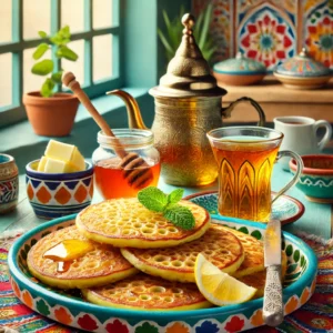 Een levendige en smakelijke foto van Beghrir (Marokkaanse pannenkoeken), gepresenteerd op een kleurrijk Marokkaans bord. De pannenkoeken zijn goudkleurig en hebben kleine gaatjes die hun luchtige textuur laten zien. Ze zijn besprenkeld met gesmolten boter en honing, en geserveerd met een glas traditionele Marokkaanse muntthee. De setting toont een gezellige en moderne keuken met vrolijke kleuren en zacht natuurlijk licht dat door een raam naar binnen valt. Extra details zoals een honingpotje, een botermes en rustieke keukengerei versterken de uitnodigende sfeer.