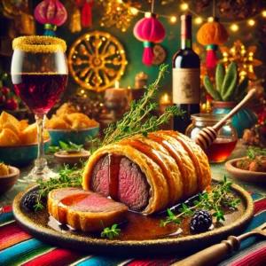 Een luxueuze en feestelijke presentatie van ossehaas in deeg, gebakken tot goudbruin en geserveerd met honing-tijmsaus. Het gerecht is gestileerd in een levendige Mexicaans-geïnspireerde setting met heldere, kleurrijke decoraties, gegarneerd met verse kruiden en geserveerd met een glas rode wijn. Op de achtergrond zijn feestelijke details en ingrediënten zoals bladerdeeg, verse tijm en honing te zien, wat zorgt voor een elegante en gezellige eetervaring.