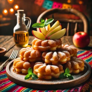 Een sfeervolle presentatie van appelbeignets, goudbruin gebakken en bestrooid met poedersuiker. De beignets zijn elegant gerangschikt op een rustieke houten plank, gegarneerd met verse appelschijfjes en een takje munt. De setting bevat kleurrijke Mexicaanse textielpatronen en warme sfeerverlichting. 🍎✨🍩