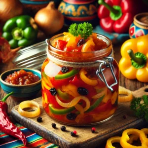 Paprika-uienchutney, gepresenteerd in een rustieke glazen pot gevuld met een kleurrijke mix van rode, gele en groene paprika, gekarameliseerde uien, gouden rozijnen en een rijke, glanzende saus. De pot is omringd door verse paprika's, uienringen en kruiden, geplaatst in een warme, uitnodigende Mexicaanse setting met een ambachtelijke uitstraling. 🌶️🧅✨