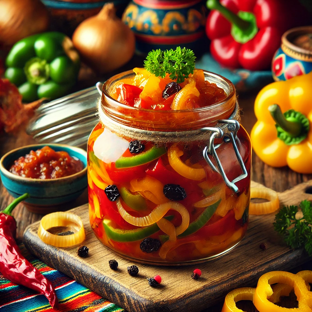 Paprika-uienchutney, gepresenteerd in een rustieke glazen pot gevuld met een kleurrijke mix van rode, gele en groene paprika, gekarameliseerde uien, gouden rozijnen en een rijke, glanzende saus. De pot is omringd door verse paprika's, uienringen en kruiden, geplaatst in een warme, uitnodigende Mexicaanse setting met een ambachtelijke uitstraling. 🌶️🧅✨