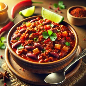 Een warme kom chili con carne geserveerd in een rustieke keramische schaal, gevuld met gehakt, bruine bonen, stukjes rode paprika en ui in een rijke tomatensaus. Het gerecht is gegarneerd met verse koriander en een schijfje limoen, geplaatst tegen een achtergrond met aardse tinten en zacht licht voor een uitnodigende uitstraling. 🌶️🍲✨