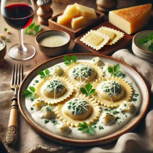 Een verfijnde en elegante presentatie van ravioli met gorgonzola-roomsaus, geserveerd als voorgerecht voor vier personen. Op het bord liggen drie perfect gekookte ravioli's, gegarneerd met een rijke, romige gorgonzolasaus, geraspte parmezaanse kaas en een vleugje verse peterselie. De setting bevat een glas rode wijn, rustiek brood en een gezellige tafel met een zachte Italiaanse sfeer, wat doet denken aan een luxe dinerervaring.