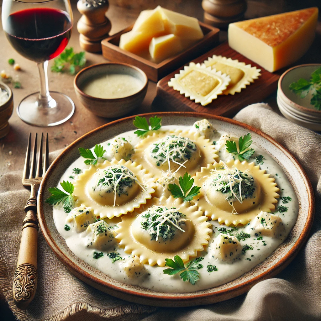 Een verfijnde en elegante presentatie van ravioli met gorgonzola-roomsaus, geserveerd als voorgerecht voor vier personen. Op het bord liggen drie perfect gekookte ravioli's, gegarneerd met een rijke, romige gorgonzolasaus, geraspte parmezaanse kaas en een vleugje verse peterselie. De setting bevat een glas rode wijn, rustiek brood en een gezellige tafel met een zachte Italiaanse sfeer, wat doet denken aan een luxe dinerervaring.