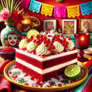 Red Velvet Traybake met een luchtige roomkaastopping, versierd met rode bessen, kokosrasp en limoenrasp. Geserveerd in een vrolijke Mexicaanse setting met kleurrijke decoraties en een feestelijke uitstraling. 🎉🍰