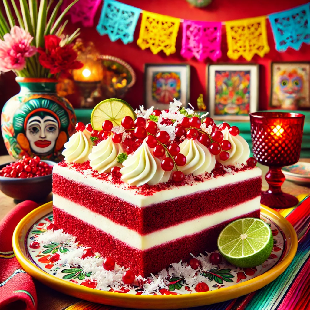 Red Velvet Traybake met een luchtige roomkaastopping, versierd met rode bessen, kokosrasp en limoenrasp. Geserveerd in een vrolijke Mexicaanse setting met kleurrijke decoraties en een feestelijke uitstraling. 🎉🍰