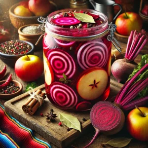 Een prachtig gearrangeerde pot Rode Bietjes met Appel in het Zuur, gevuld met diepe rode bietenplakken, gouden appelstukjes en doorschijnende uienringen. De pot staat op een rustieke houten tafel, omgeven door peperkorrels, laurierblaadjes en kruidnagels. De warme Mexicaanse styling wordt benadrukt door kleurrijke tafellakens, aardewerk schalen en verse ingrediënten die artistiek zijn uitgestald voor een sfeervolle presentatie.