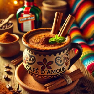 Een Mexicaans geïnspireerde presentatie van Café d'Amour, geserveerd in een rustieke aardewerken mok op een houten tafel. De rijke, stomende koffie is op smaak gebracht met cacaopoeder, kaneel en een scheutje Cointreau. Twee kaneelpijpjes steken stijlvol uit de mok als roerstaafjes. De koffie is afgewerkt met een vleugje cacaopoeder en een blaadje verse munt. De setting wordt omlijst door kleurrijke Mexicaanse textielpatronen, verspreide koffiebonen en warm sfeervol licht, wat zorgt voor een uitnodigende sfeer. ☕✨🌿